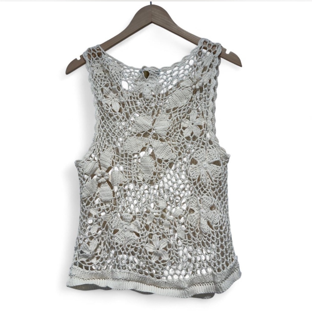 Skies Are Blue Ivory Floral Crochet Tank Top Sheer Blouse, Summer Boho Festival - Picture 5 of 8